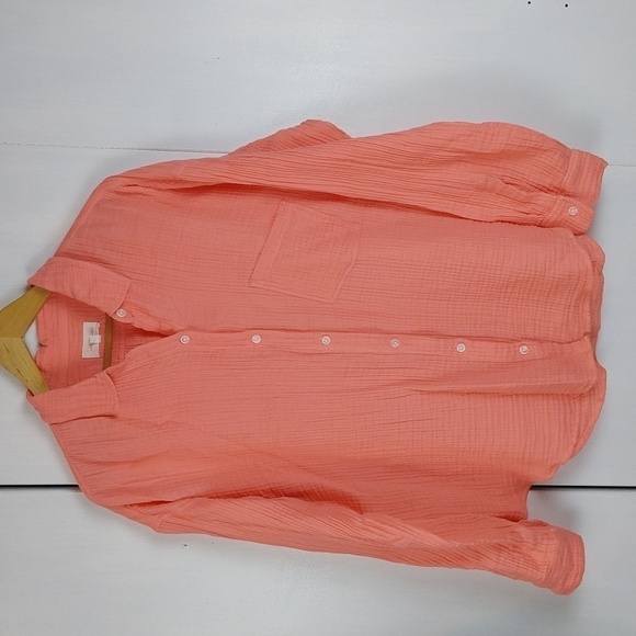Lou & Gray Pink Coral Cotton Gauzy Buttondown Top Pocket Minimalist Mod Sz.L - Picture 1 of 10